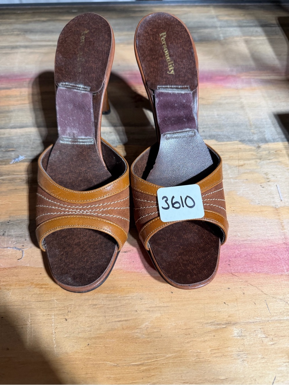 #3610-Brown Open-Toe Slide Mules with Stitched Upper